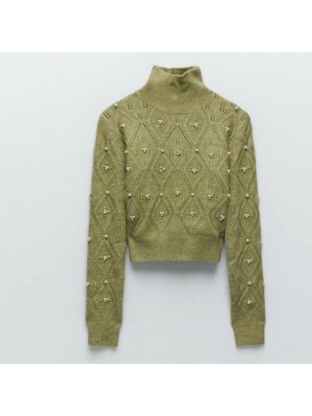 Zara Pearl Embellished Mock Turtle Neck Cropped Knit Sweater - Picture 4 of 11